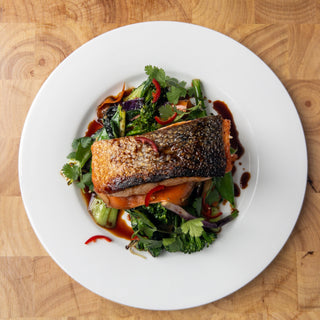 Seared Salmon with Stir-Fried Veg & Tamari Glaze