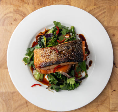 Seared Salmon with Stir-Fried Veg & Tamari Glaze