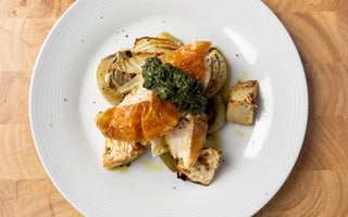 Roast Chicken with Caramelised Celeriac, Fennel & Salsa Verde