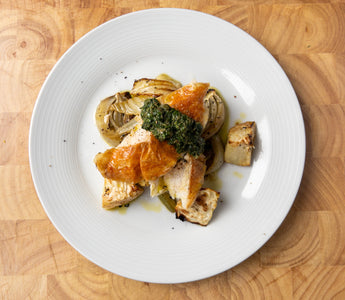 Roast Chicken with Caramelised Celeriac, Fennel & Salsa Verde