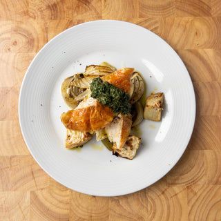 Roast Chicken with Caramelised Celeriac, Fennel & Salsa Verde