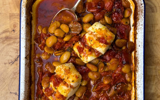 One-Tray Baked Cod & Chorizo Butter Bean Stew