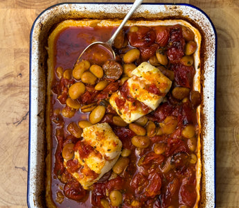 One-Tray Baked Cod & Chorizo Butter Bean Stew