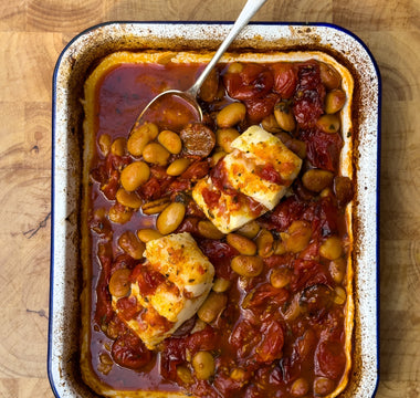 One-Tray Baked Cod & Chorizo Butter Bean Stew