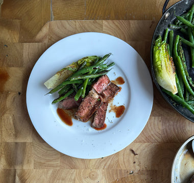 Steak and blistered greens